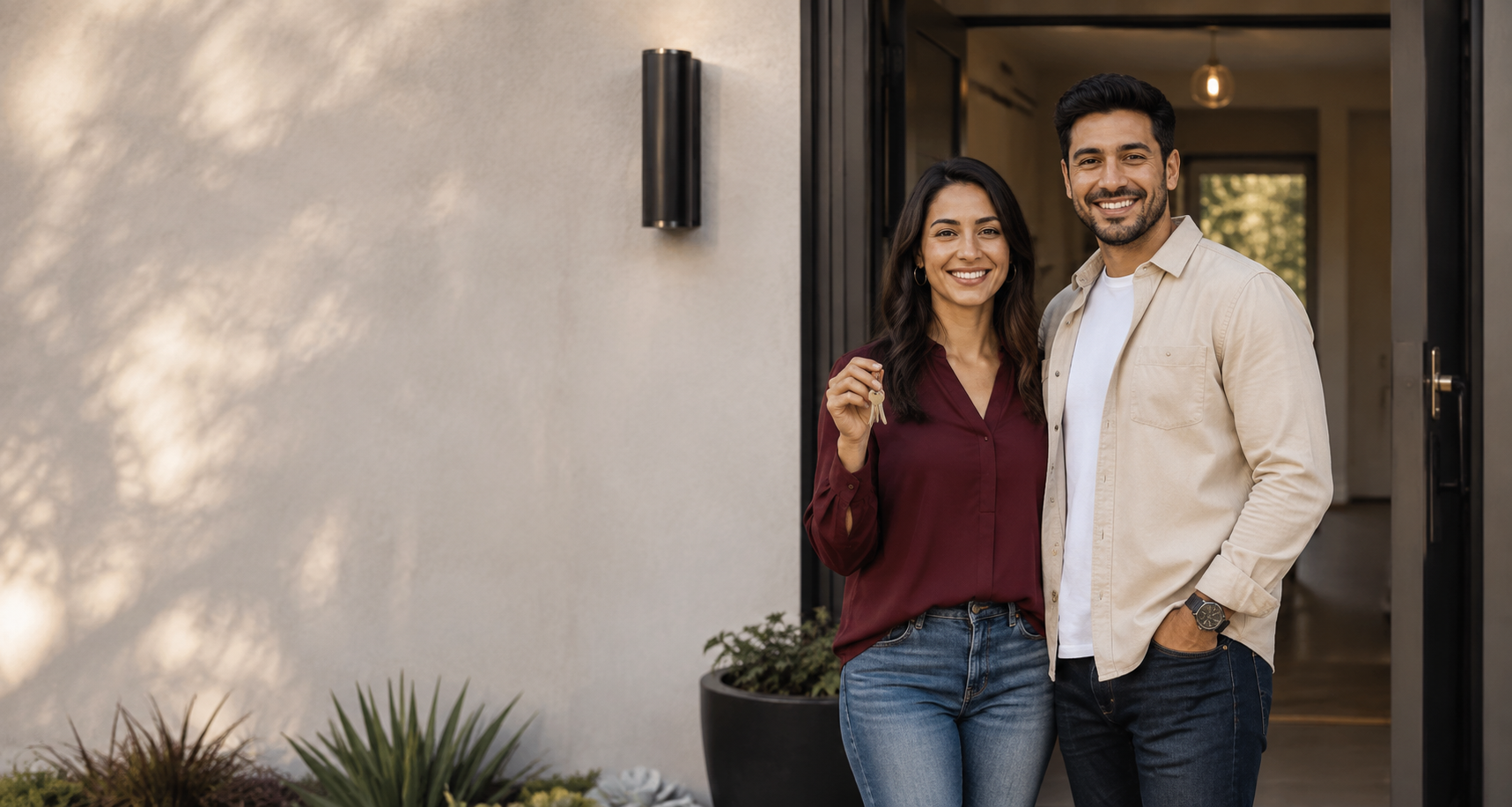 New homeowners smiling with the keys to their home