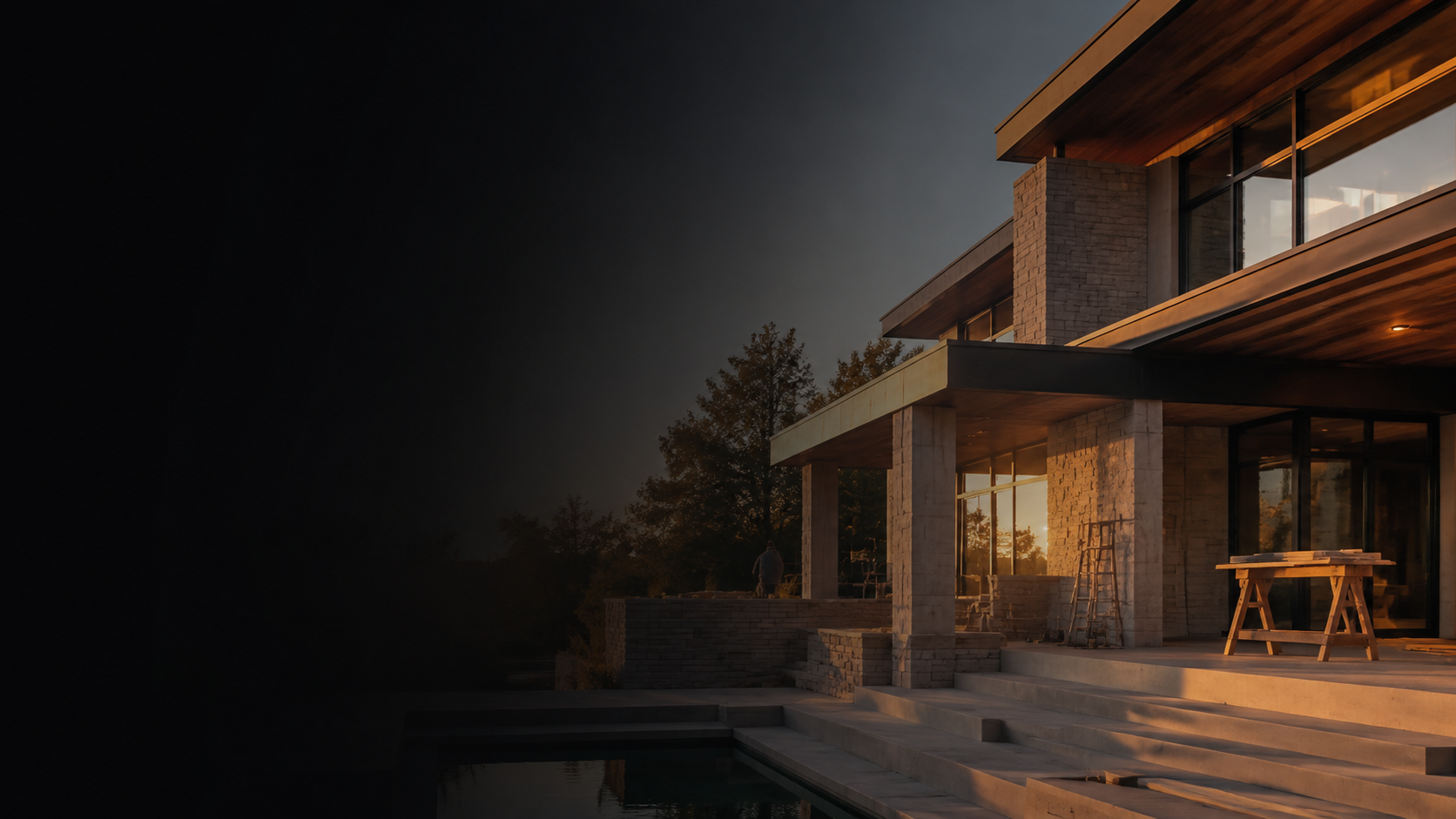 Contemporary home construction project at sunset